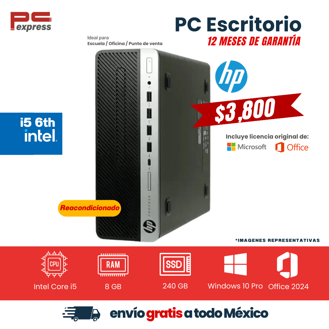 PC - HP ELITEDESK 800 G3 - i5 6ta Gen. 8 GB RAM, 240 GB SSD, SFF