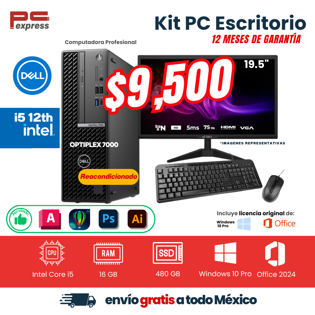 KIT PC ESCRITORIO DELL OPTIPLEX 7000 I5| Core i5 12 Gen | 16 GB RAM | 480 GB SSD | Pantalla de 19.5 " | Teclado y mouse
