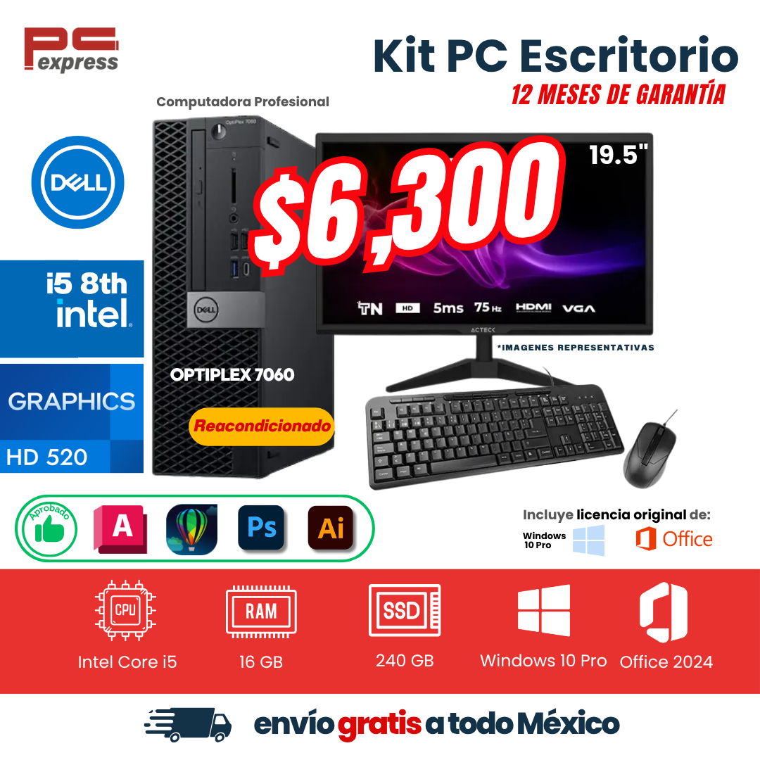 Kit Computadora - Dell OptiPlex 7060 | Core i5 8ª Gen | 16 GB RAM | 240 GB SSD | Pantalla de 19.5 " | Teclado y mouse