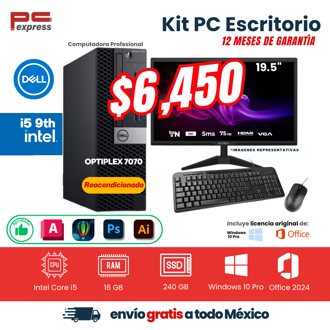 KIT PC ESCRITORIO DELL OPTIPLEX 7070 I5 | Core i5 9ª Gen | 16 GB RAM | 240 GB SSD | Pantalla de 19.5 " | Teclado y mouse