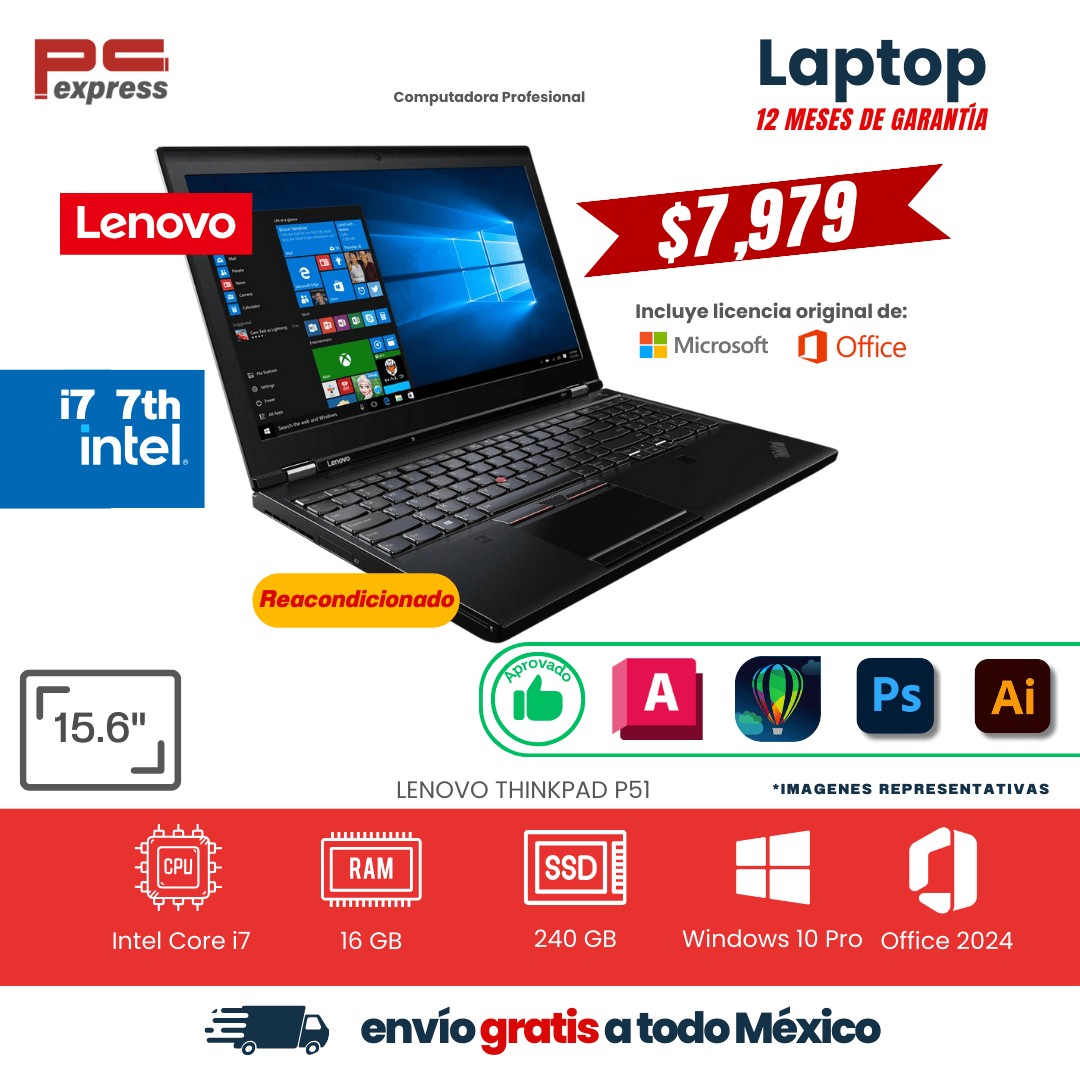 LAPTOP Lenovo ThinkPad P51 4 gb de video| 15.6” | Core i7 7ª Gen | 16 GB RAM | 960 GB SSD m.2