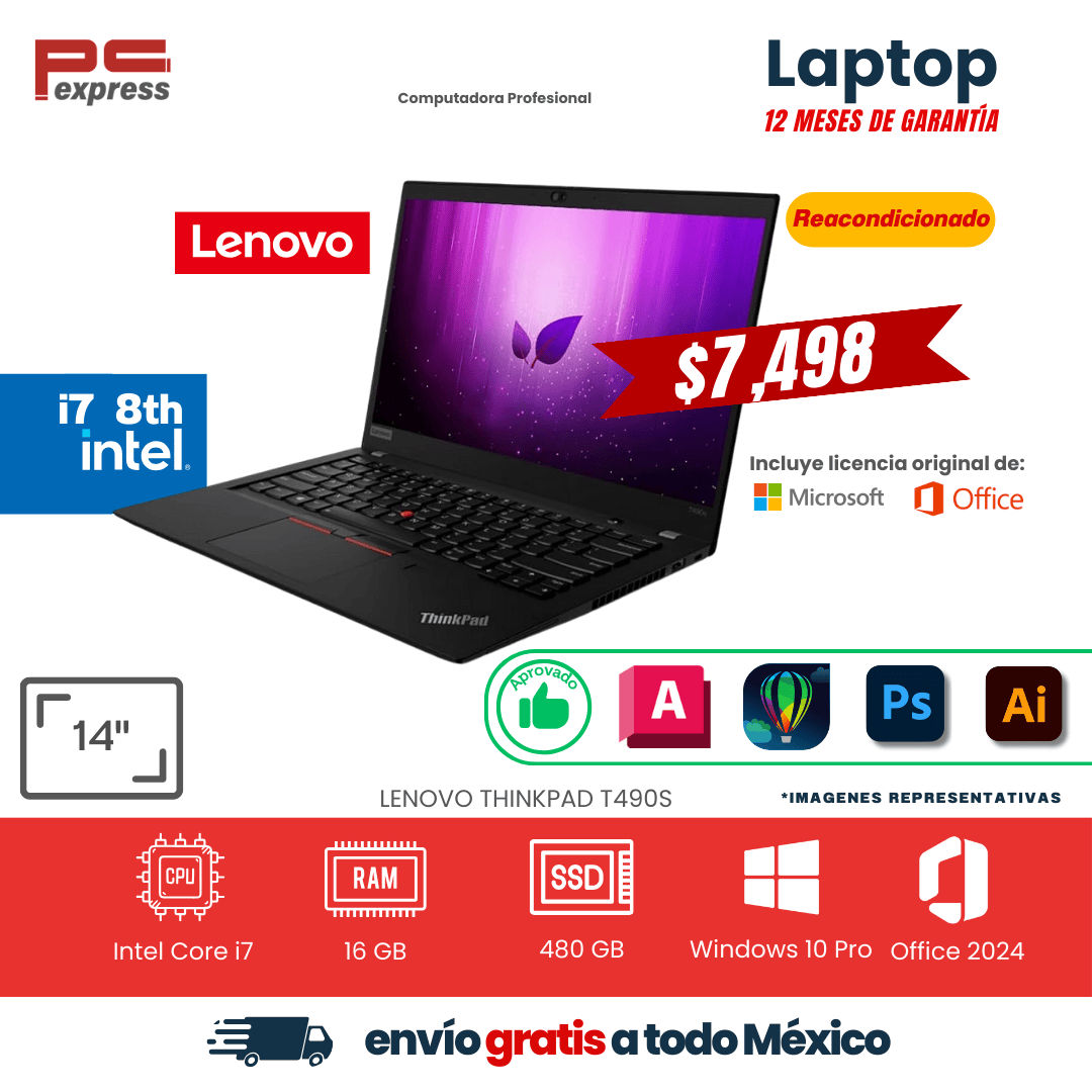 LAPTOP Lenovo ThinkPad T490s | 14" | Core i7 8ª Gen | 16 GB RAM | 480 GB SSD