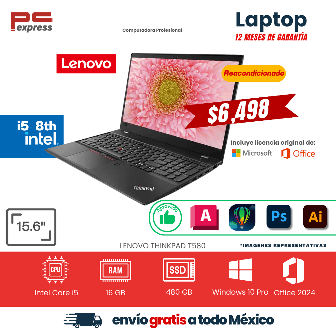 LAPTOP Lenovo ThinkPad T580 | 15.6" | Core i5 8ª Gen | 16 GB RAM | 480 GB SSD