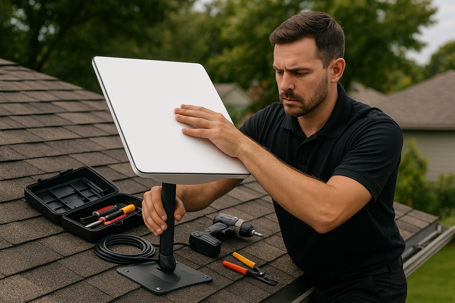 genera una imagen de un tecnico instalando una antena cuadrada tipo starlink en un techo, el tecnico formal con playera manga corta tipo polo
