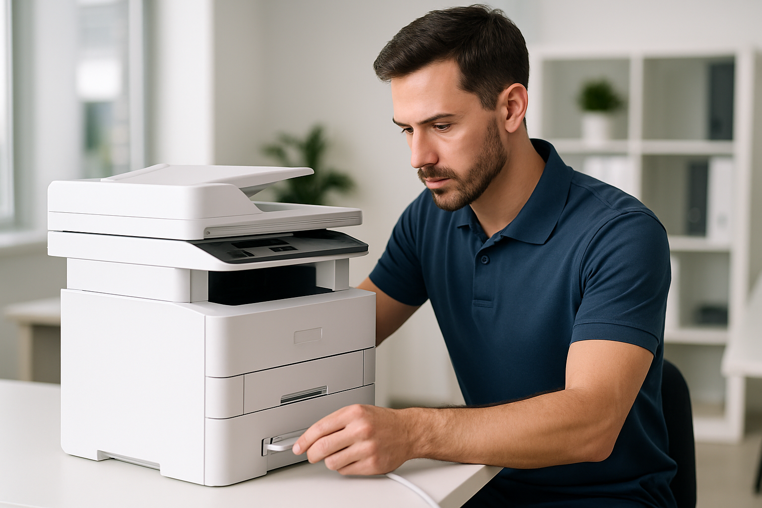 personal tecnico profesional instalando impresora, con camisa mana corta tipo polo, la camisa sin logo, la impresora blanca y que se vea muy bien la impresora