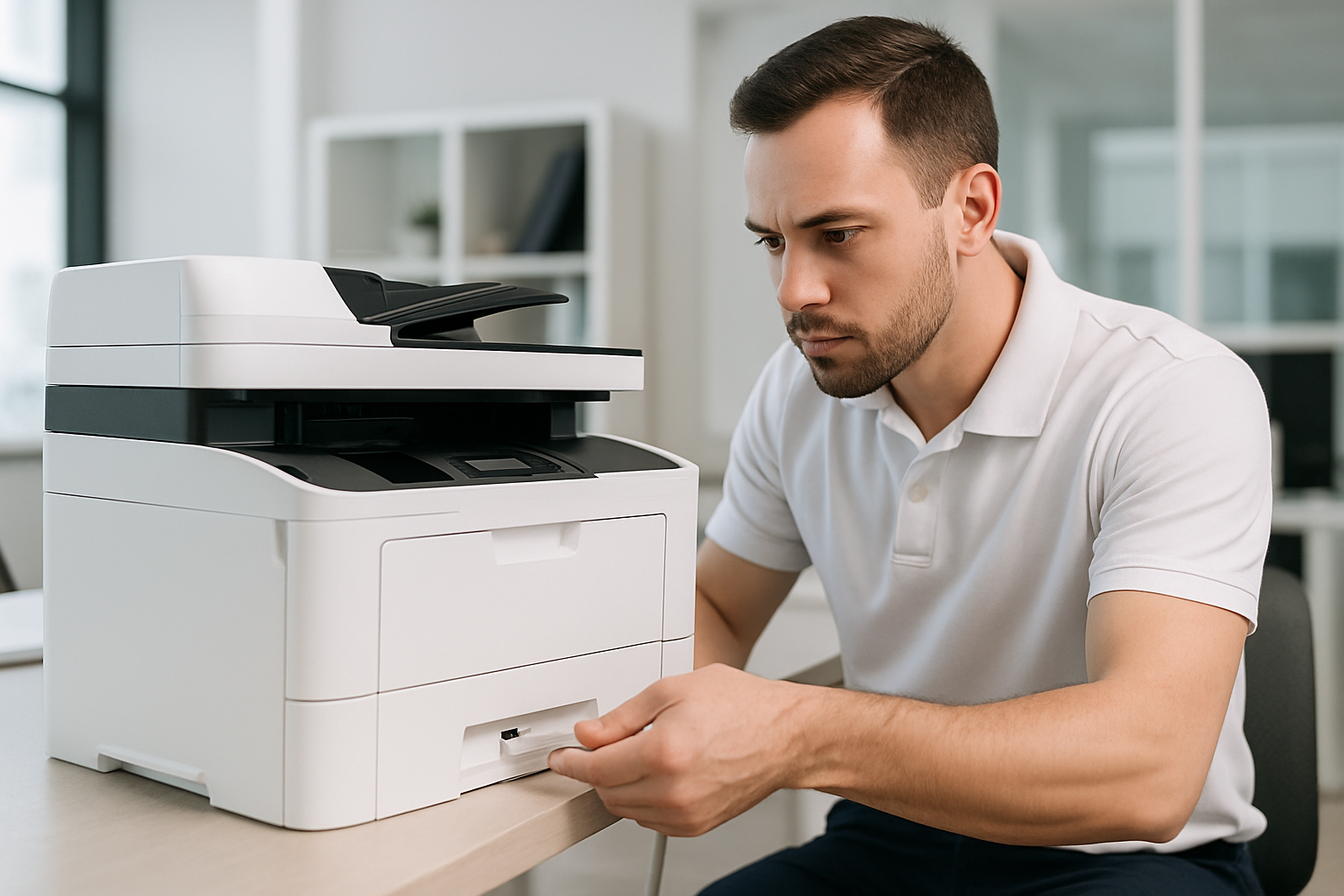 personal tecnico profesional instalando impresora, con camisa mana corta tipo polo, la camisa sin logo, la impresora blanca y que se vea muy bien la impresora