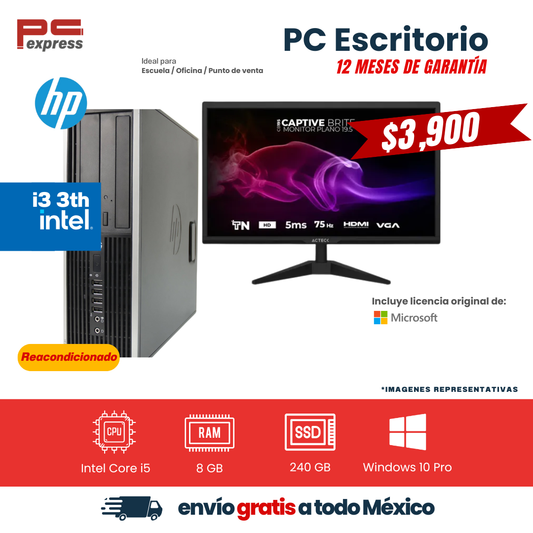 Kit PC - HP PRODESK  - i3 3 Th Gen. 8 gb RAM, 240 gb ssd, SFF. MONITOR 19.5