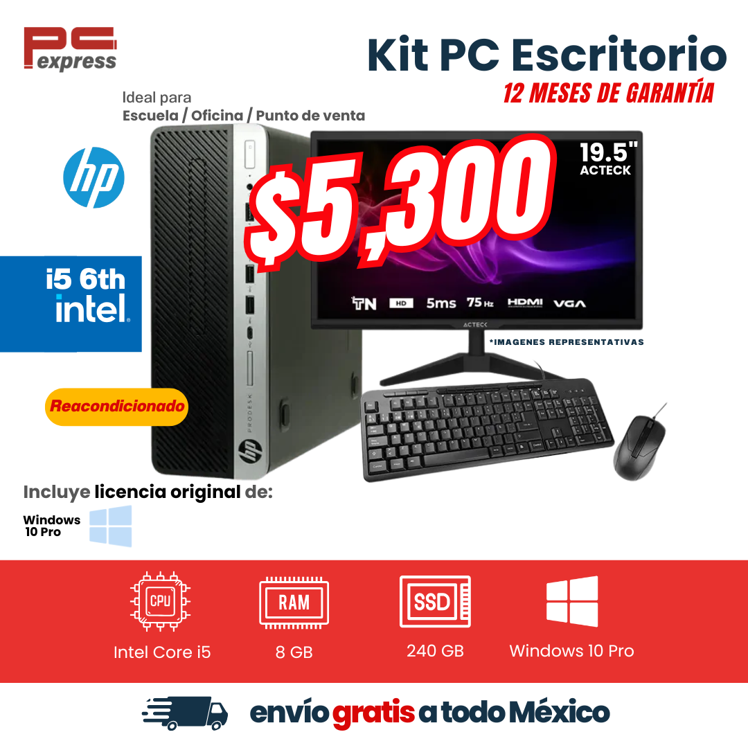 Kit Computadora -  HP | Core i5 6ª Gen | 8 GB RAM | 240 GB SSD |  Pantalla de 19.5 " | Teclado y mouse