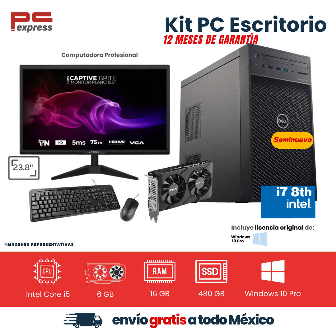 KIT COMPUTADORA DISEÑO PROFESIONAL - GABINETE I7 8TH GEN, 16GB RAM 480GB SSD MONITOR 21.5" TECLADO Y MOUSE GRAFICA 3050 LOW PROFILE