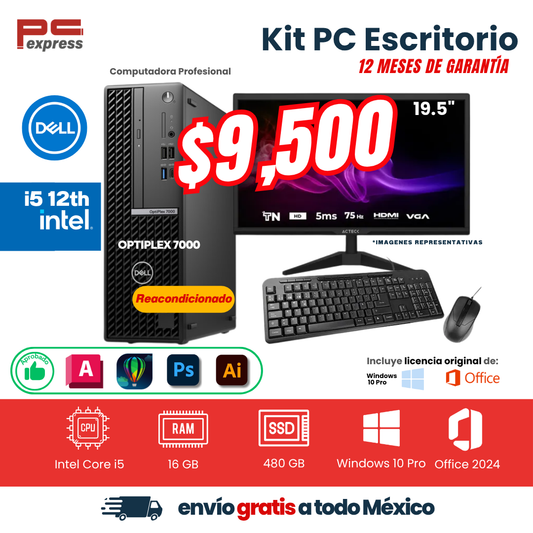 KIT PC ESCRITORIO DELL OPTIPLEX 7000 I5| Core i5 12 Gen | 16 GB RAM | 480 GB SSD |  Pantalla de 19.5 " | Teclado y mouse