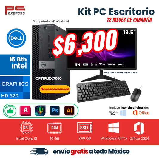 KIT PC ESCRITORIO DELL OPTIPLEX 7060 I5 | Core i5 8ª Gen | 16 GB RAM | 240 GB SSD |  Pantalla de 19.5 " | Teclado y mouse