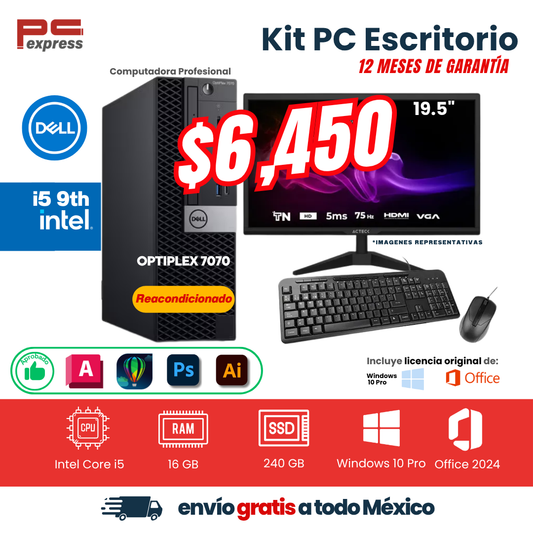 KIT PC ESCRITORIO DELL OPTIPLEX 7070 I5 | Core i5 9ª Gen | 16 GB RAM | 240 GB SSD |  Pantalla de 19.5 " | Teclado y mouse