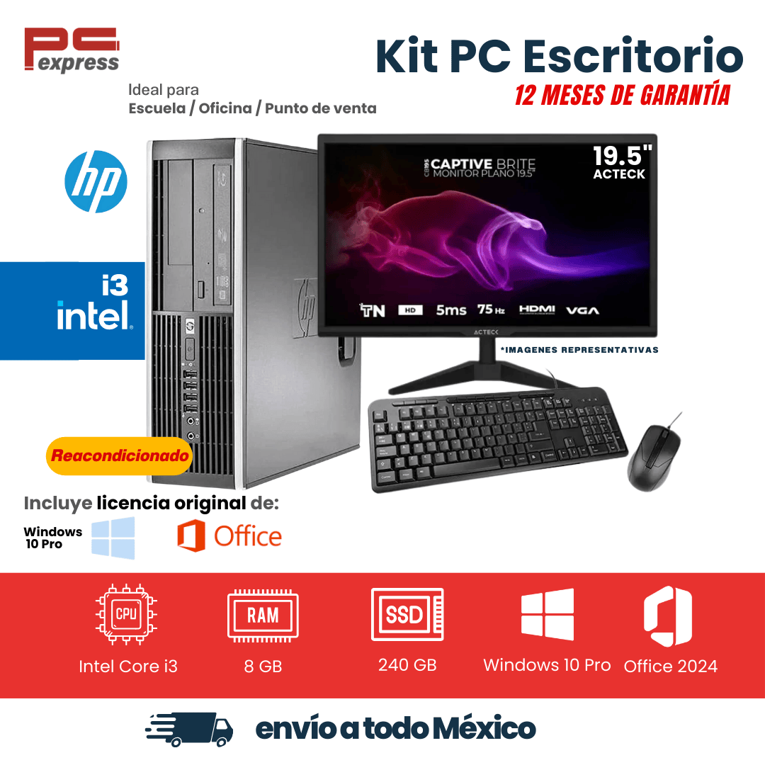 KIT COMPUTADORA DE OFICINA - PC ESCRITORIO HP i3, 8 GB RAM, 240 SSD, MONITOR 19", TECLADO Y MOUSE