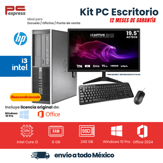 KIT COMPUTADORA DE OFICINA - PC ESCRITORIO HP i3, 8 GB RAM, 240 SSD, MONITOR 19", TECLADO Y MOUSE