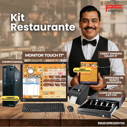 KIT RESTAURANTE - GABINETE I3, 8GB RAM, 240GB SSD, WINDOWS 10, MONITOR TOUCH 17", TECLADO Y MOUSE  -Tablet - IMPRESORA DE TICKETS 80 MM - CAJON DE DINERO - SOFTWARE PARA RESTAURANTE