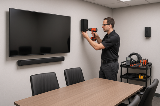 Configuración de audio envolvente o barras de sonido en salas y oficinas.
un tecnico formal con camisa polo manga corta instalandolo, el taladro que no apunte a la tv