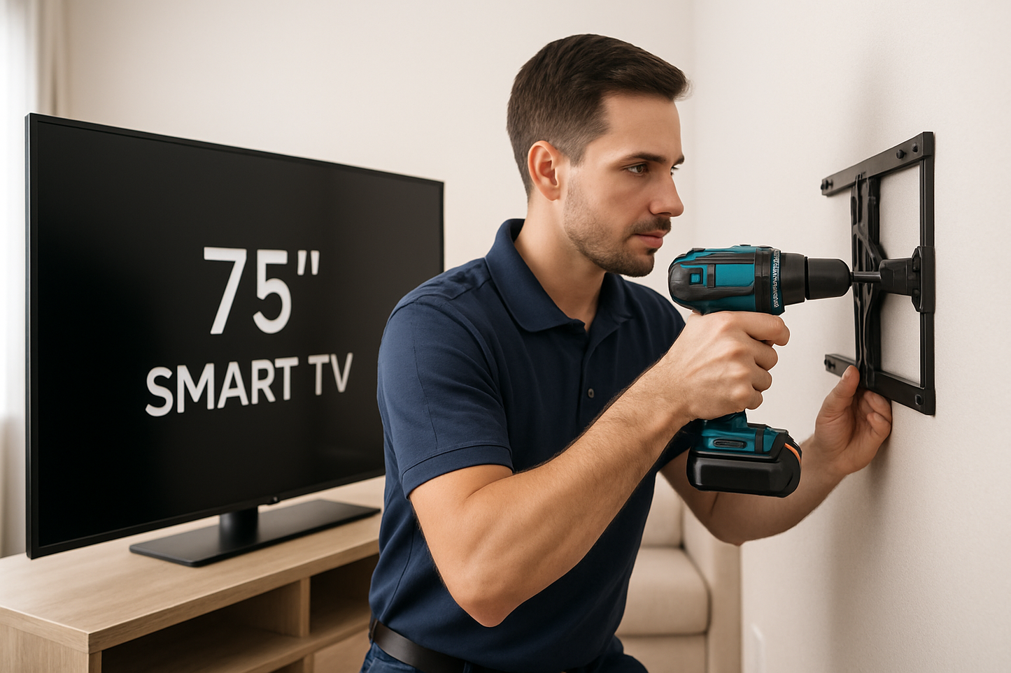 genera una imagen con un tecnico instalando una smart tv de 75 pulgadas, el tecnico con playera tipo polo de manga corta el se ve muy profesional, el taladro que no este apuntando a lA TV