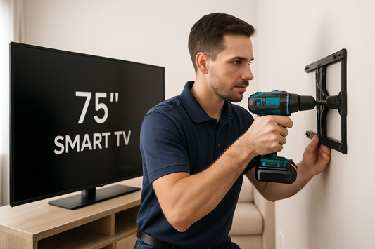 genera una imagen con un tecnico instalando una smart tv de 75 pulgadas, el tecnico con playera tipo polo de manga corta el se ve muy profesional, el taladro que no este apuntando a lA TV