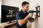 genera una imagen con un tecnico instalando una smart tv de 75 pulgadas, el tecnico con playera tipo polo de manga corta el se ve muy profesional, el taladro que no este apuntando a lA TV