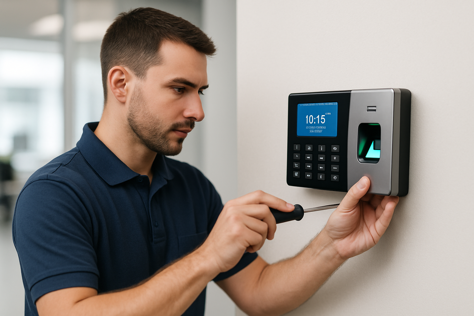 un tecnico instalando un checador biometrico, el tecnico con camisa tipo polo manga corta muy profesional, el desarmador que no este apuntando al lector checador biometrico
