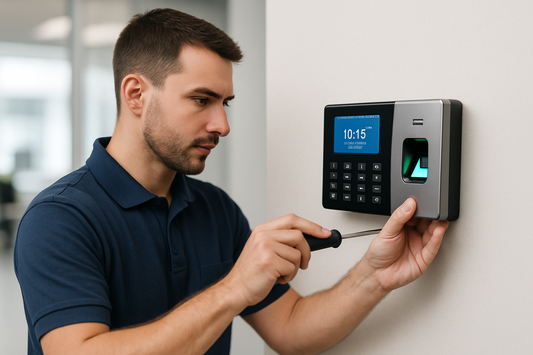 un tecnico instalando un checador biometrico, el tecnico con camisa tipo polo manga corta muy profesional, el desarmador que no este apuntando al lector checador biometrico